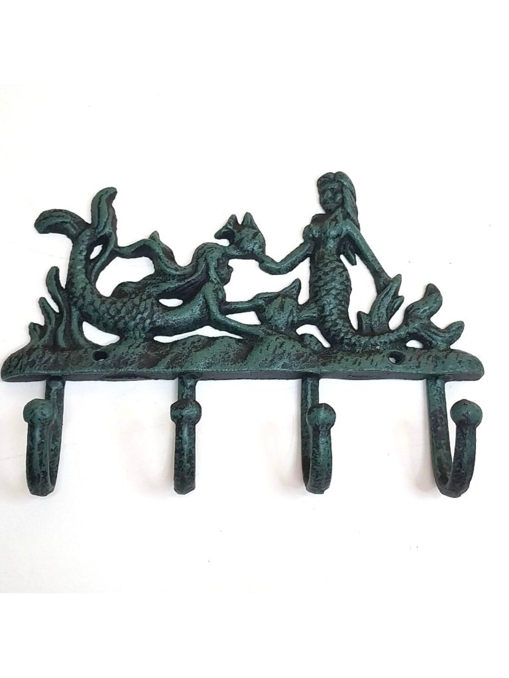 Cast Iron Mermaid Wall Hook Key Rack Green Verdigris Finish Nautical Ocean Beach
